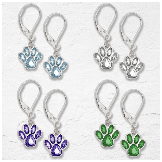 Paw Print Birthstone Dangling Sterling Earrings