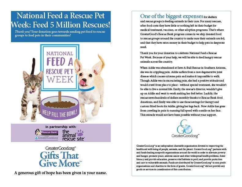 Donation - National Feed A Rescue Pet Week: Feed 5 Million Rescues!